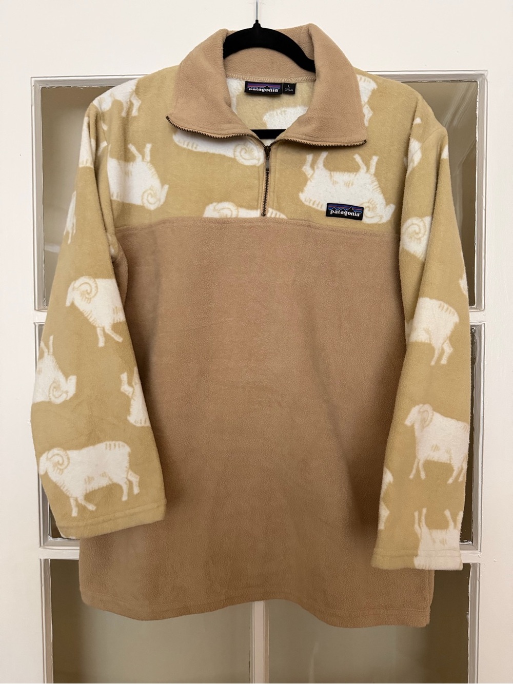 Patagonia Men's Tan and Cream Fleece Half-Zip Pullover with Sheep Pattern